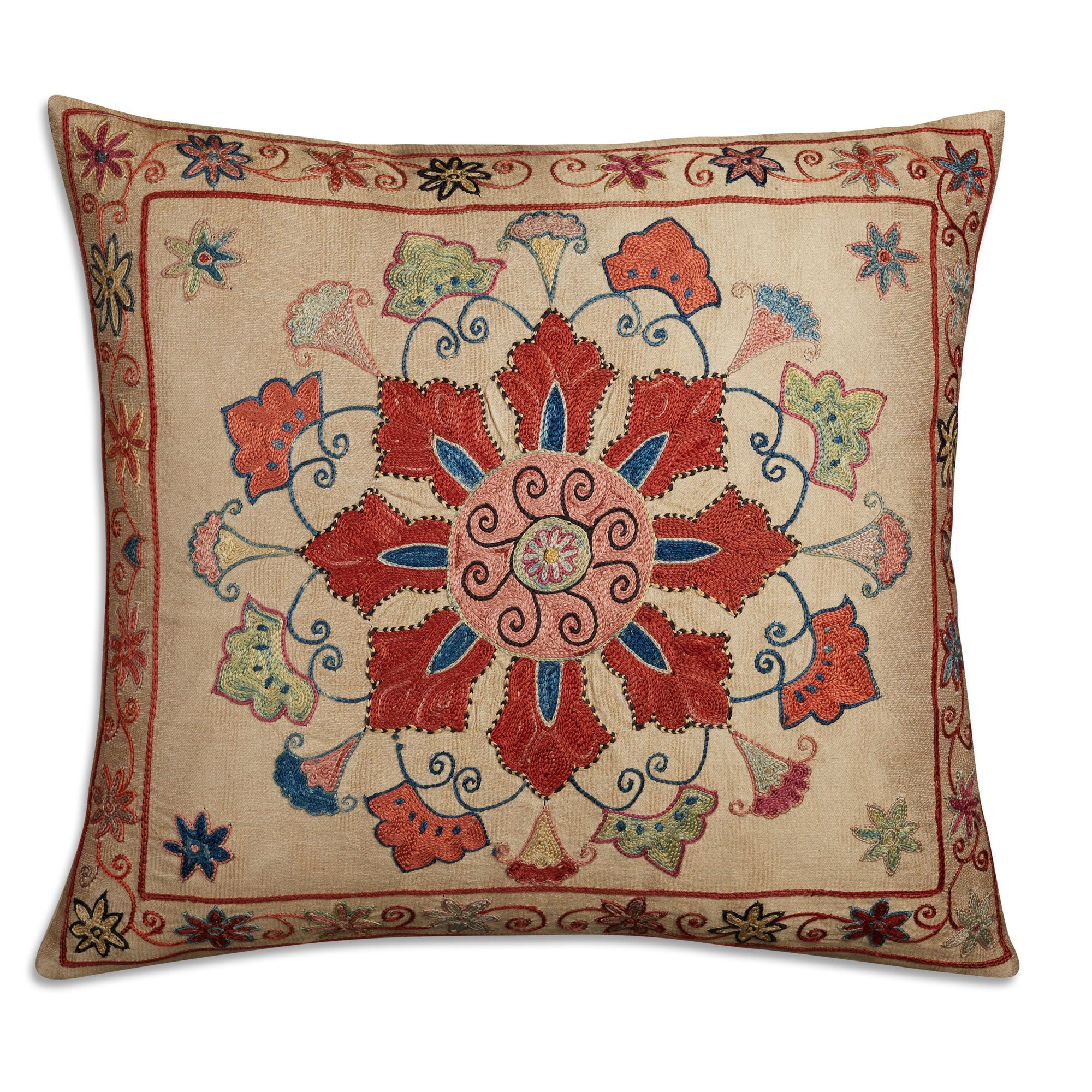 Small square floral design silk Suzani embroidered cushion