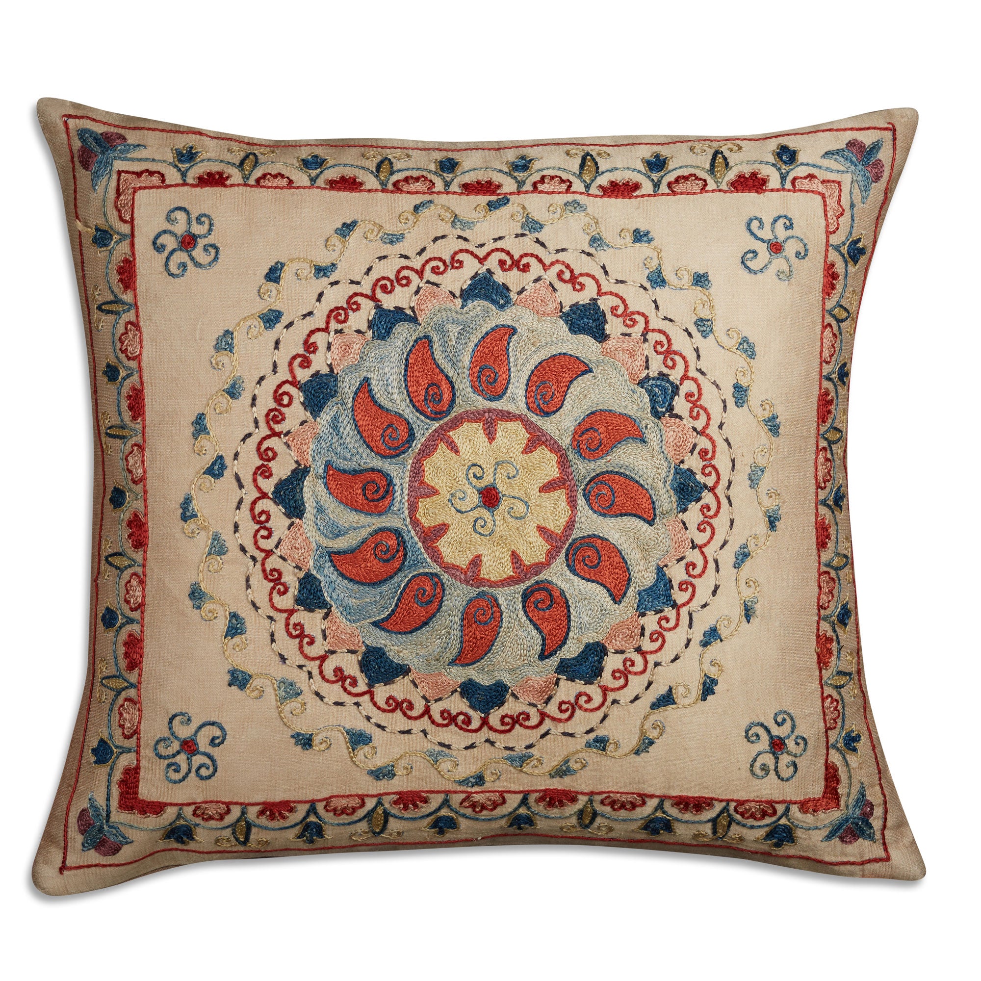 Small square floral design silk Suzani embroidered cushion - pillow