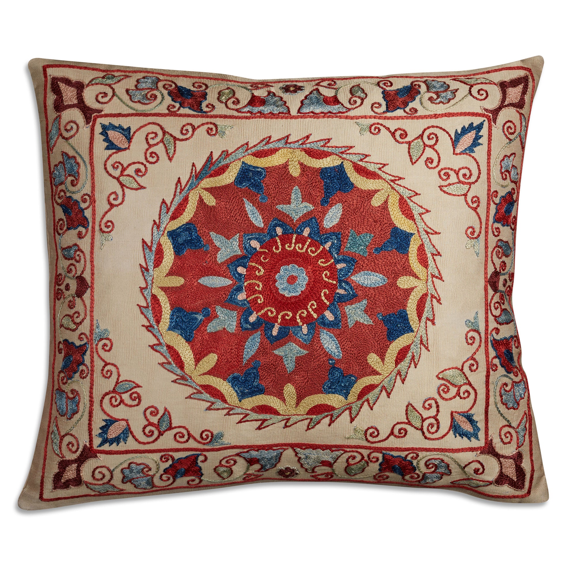 Small square floral design silk Suzani embroidered cushion - pillow