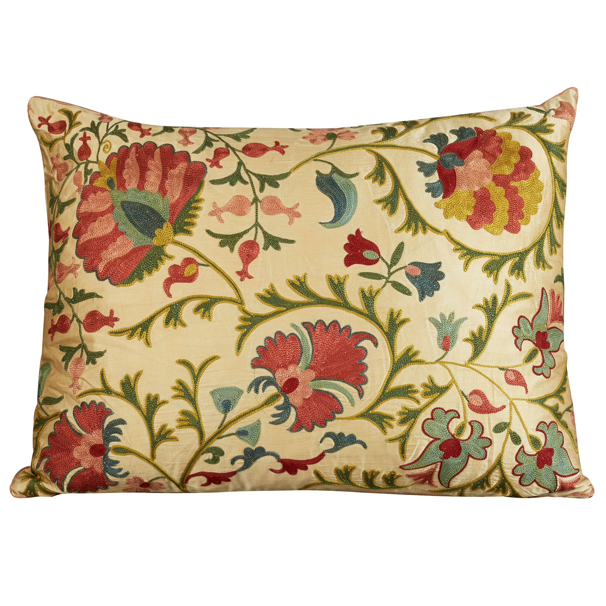 Rectangular silk suzani embroidered cushion- pillow with all over floral design