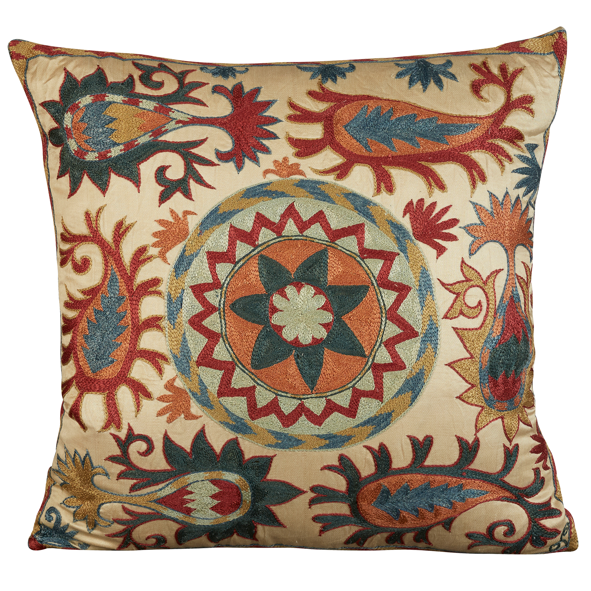 Square floral design with central medallion silk suzani embroidered cushion - pillow