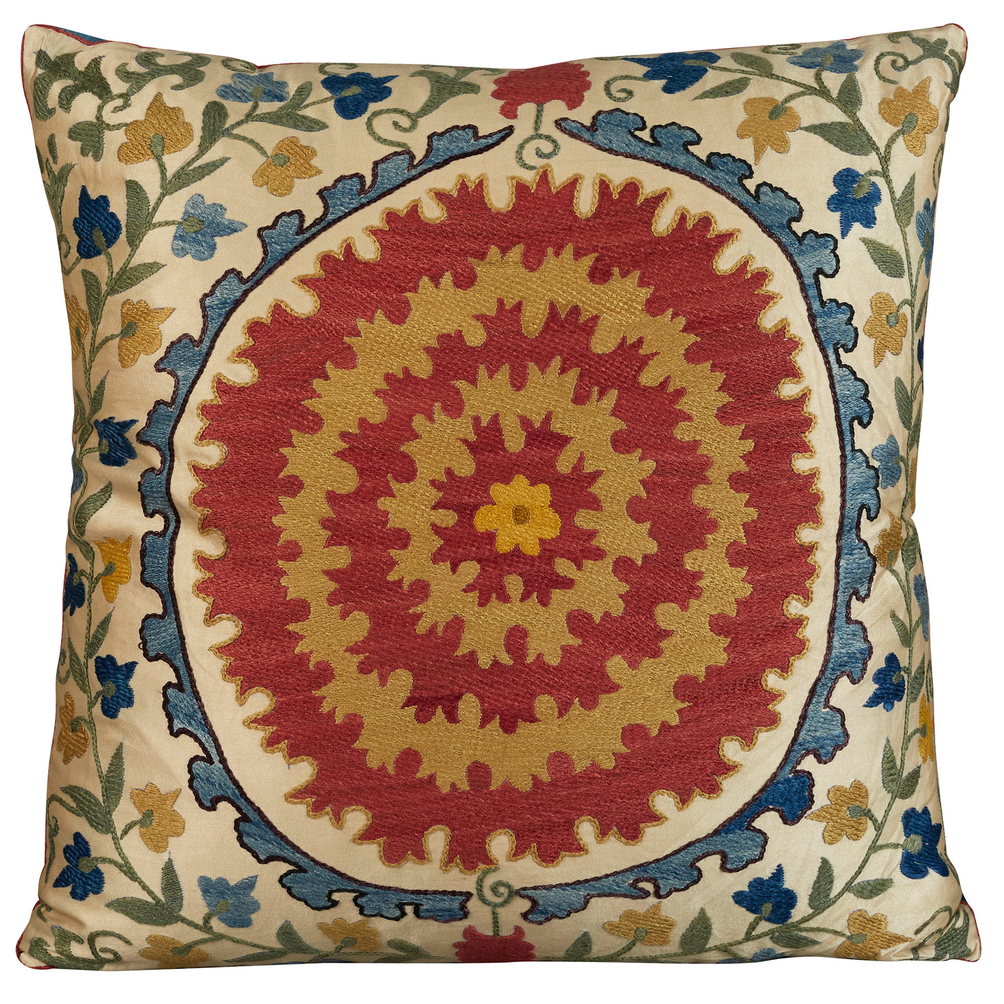 Square floral design with deep red medallion silk suzani embroidered cushion - pillow