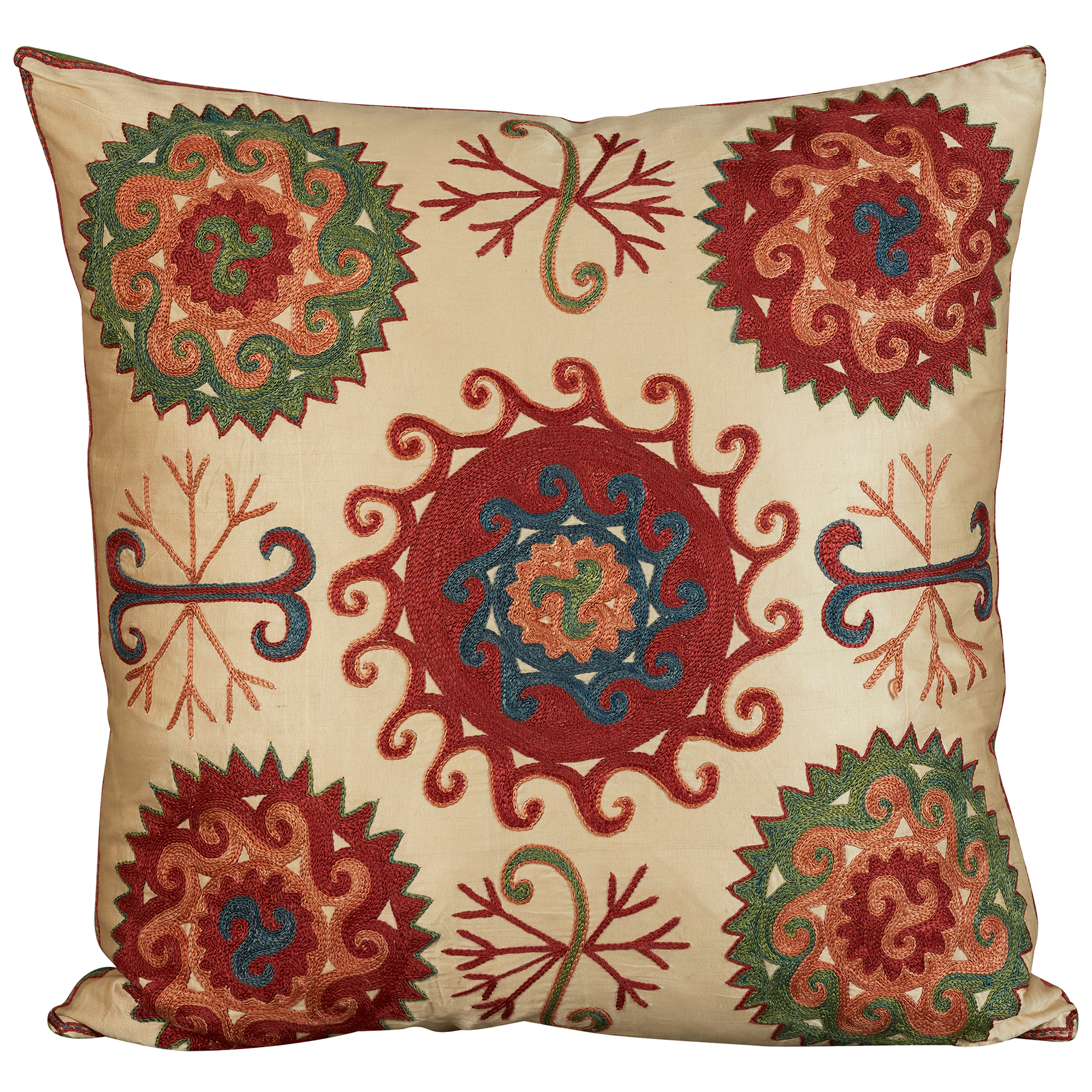 Square floral design with scrolling red medallion silk suzani embroidered cushion - pillow