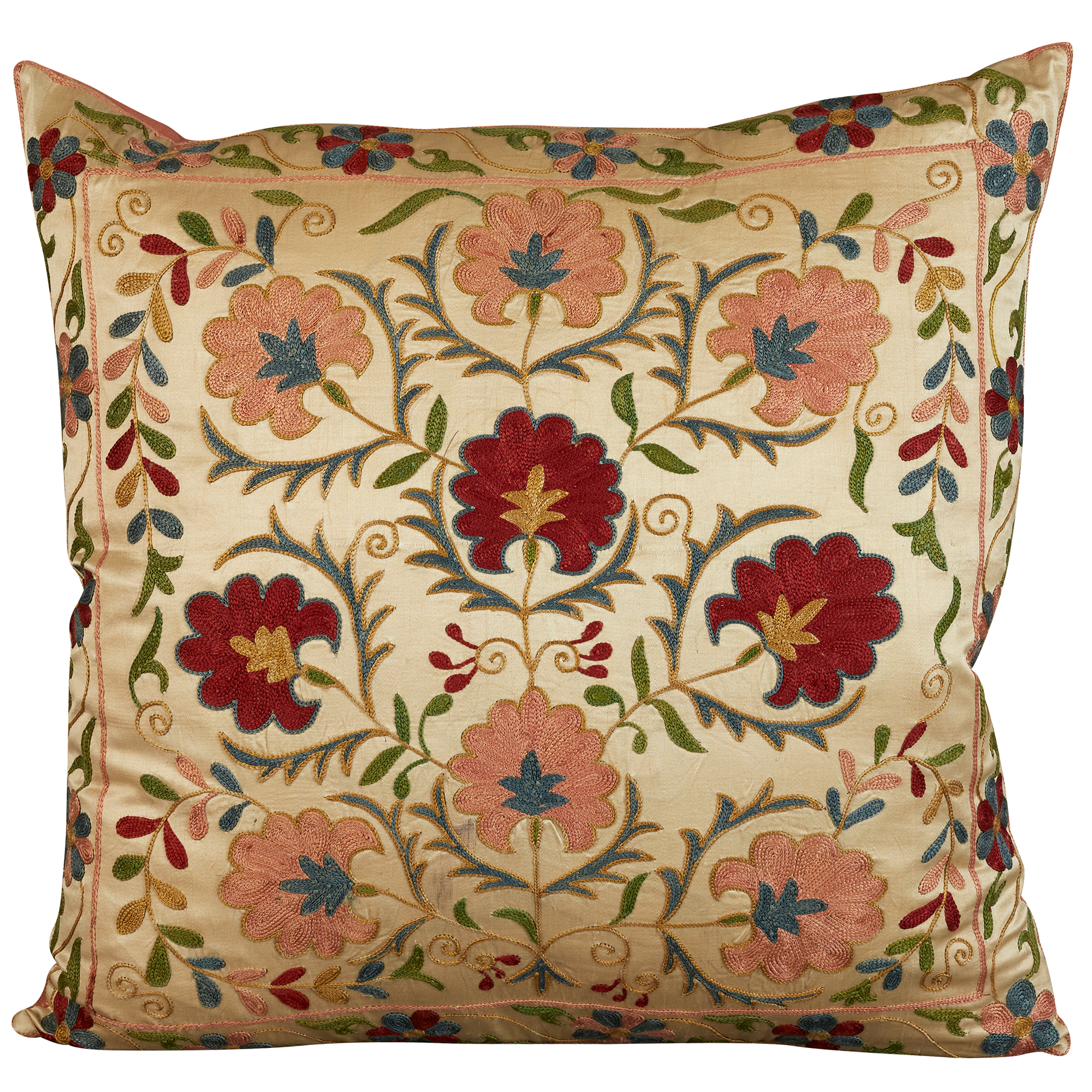 Square silk suzani embroidered cushion- pillow with Persian flower design