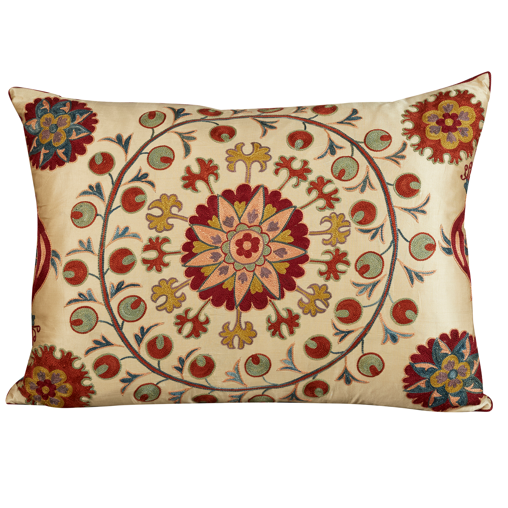 Rectangular silk suzani embroidered cushion- pillow with scrolling floral design