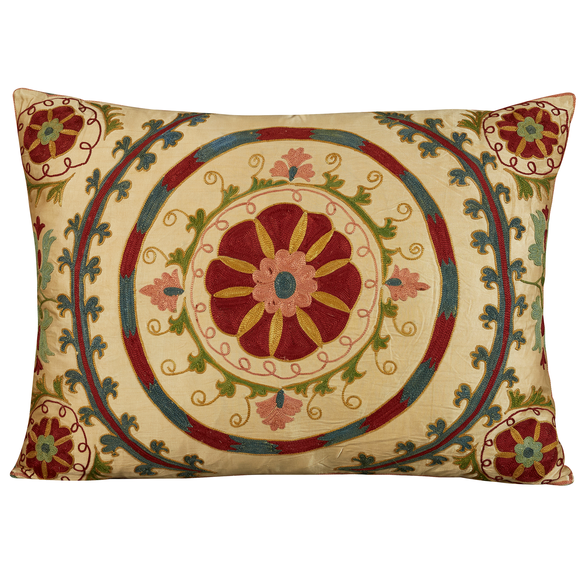 Rectangular silk suzani embroidered cushion- pillow with central floral design