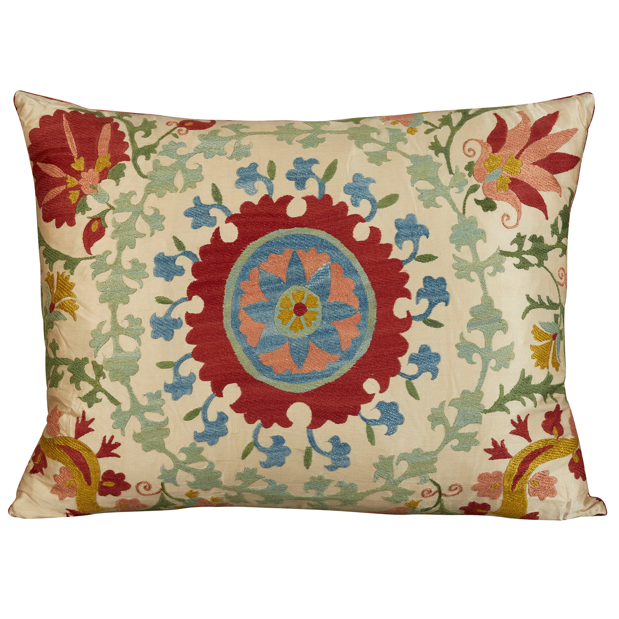 Rectangular silk suzani embroidered cushion- pillow with scrolling turquoise floral design