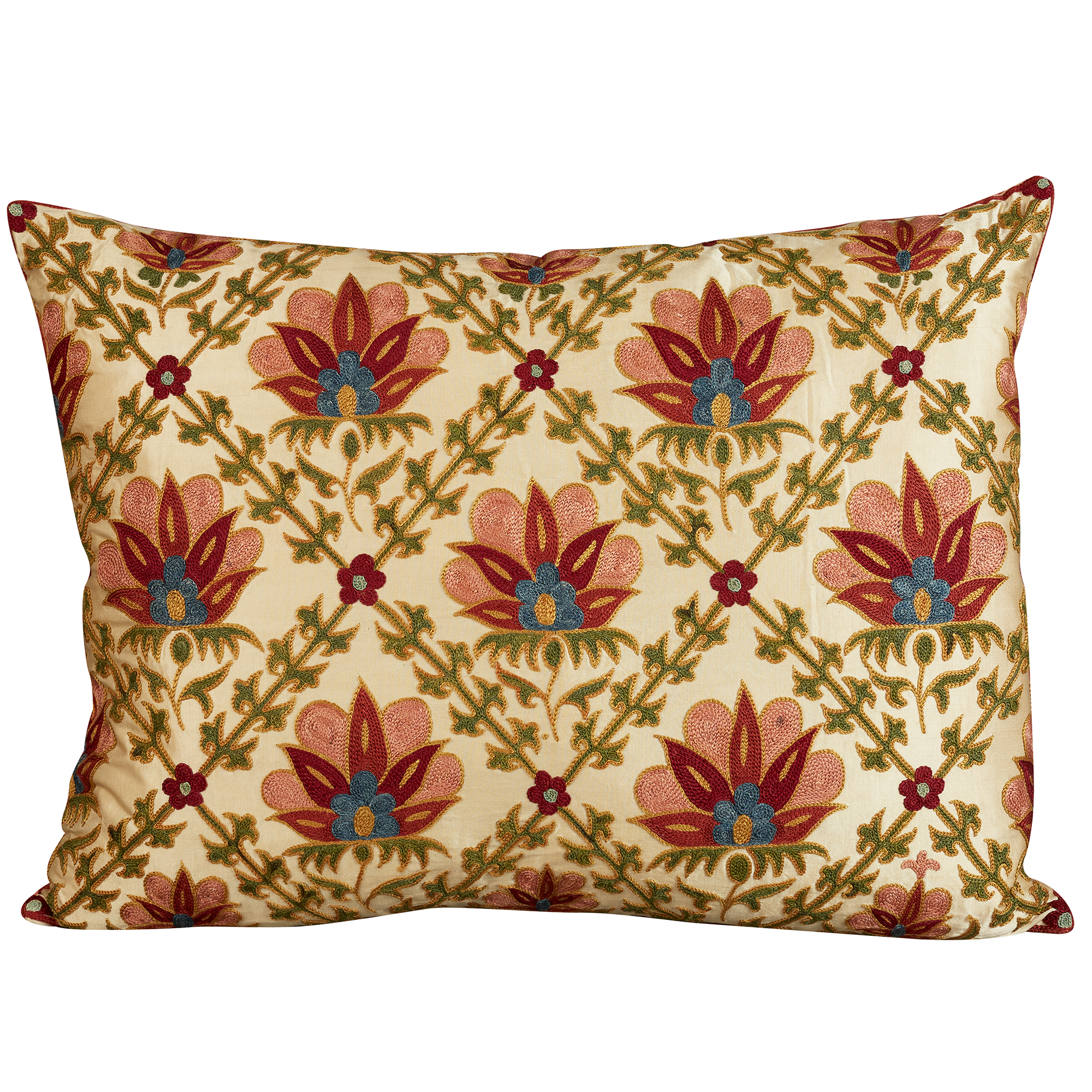 Rectangular silk suzani embroidered cushion- Persian flower and lattice design