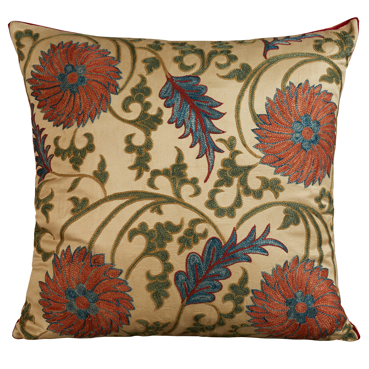 Square silk suzani embroidered cushion- pillow with all over foliate design