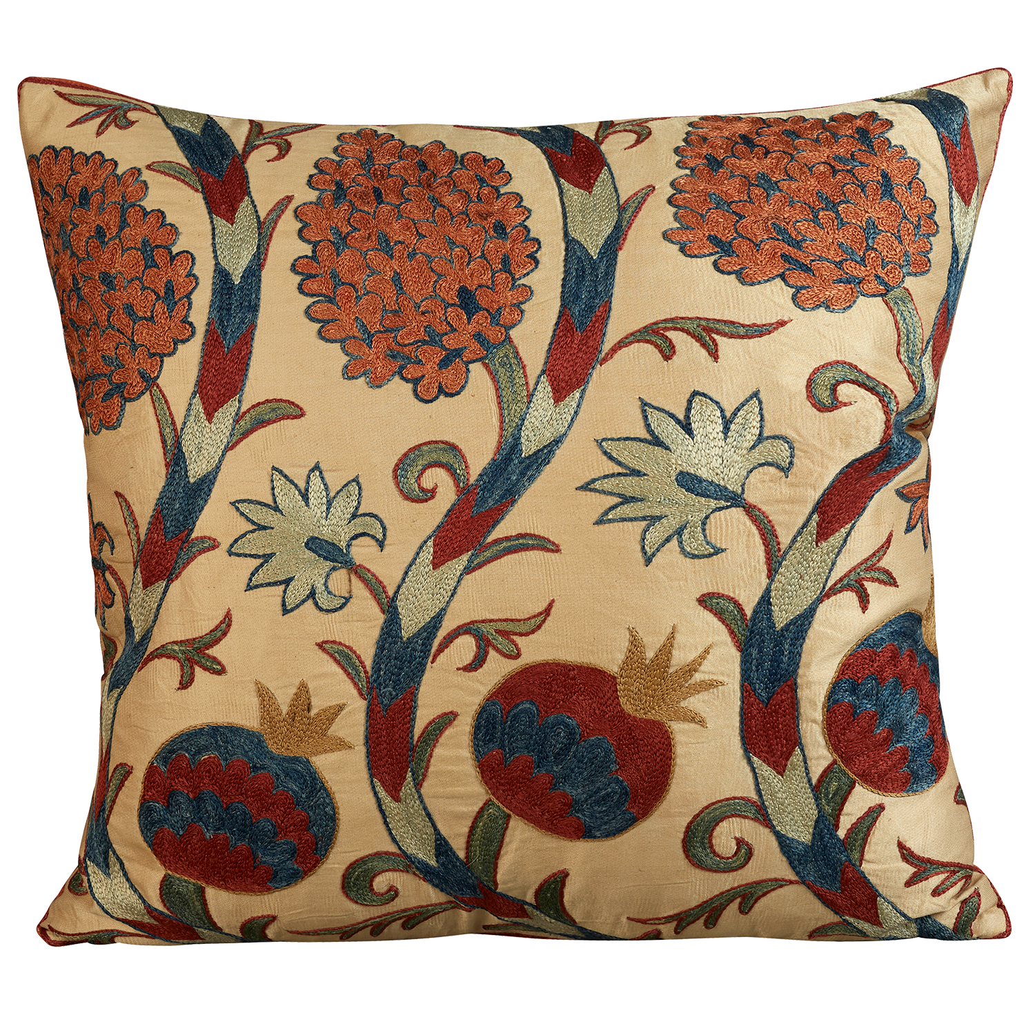 Square silk suzani embroidered cushion- pillow with with Ottoman pomegranate design