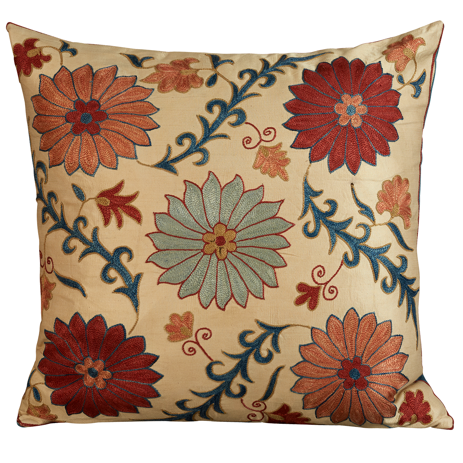 Square silk suzani embroidered cushion- pillow with with floral design