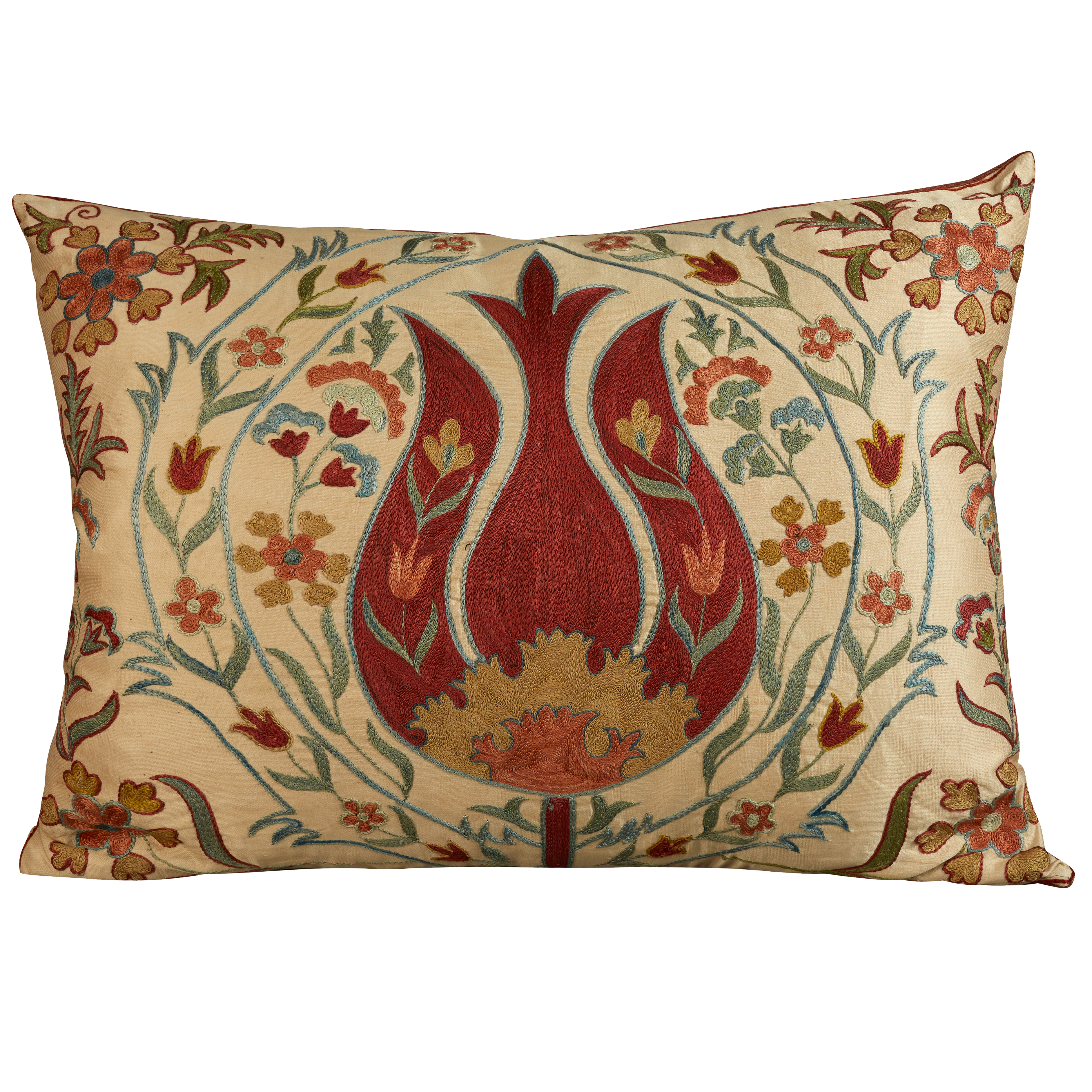 Rectangular Ottoman tulip design silk suzani embroidered cushion - pillow in bordeaux