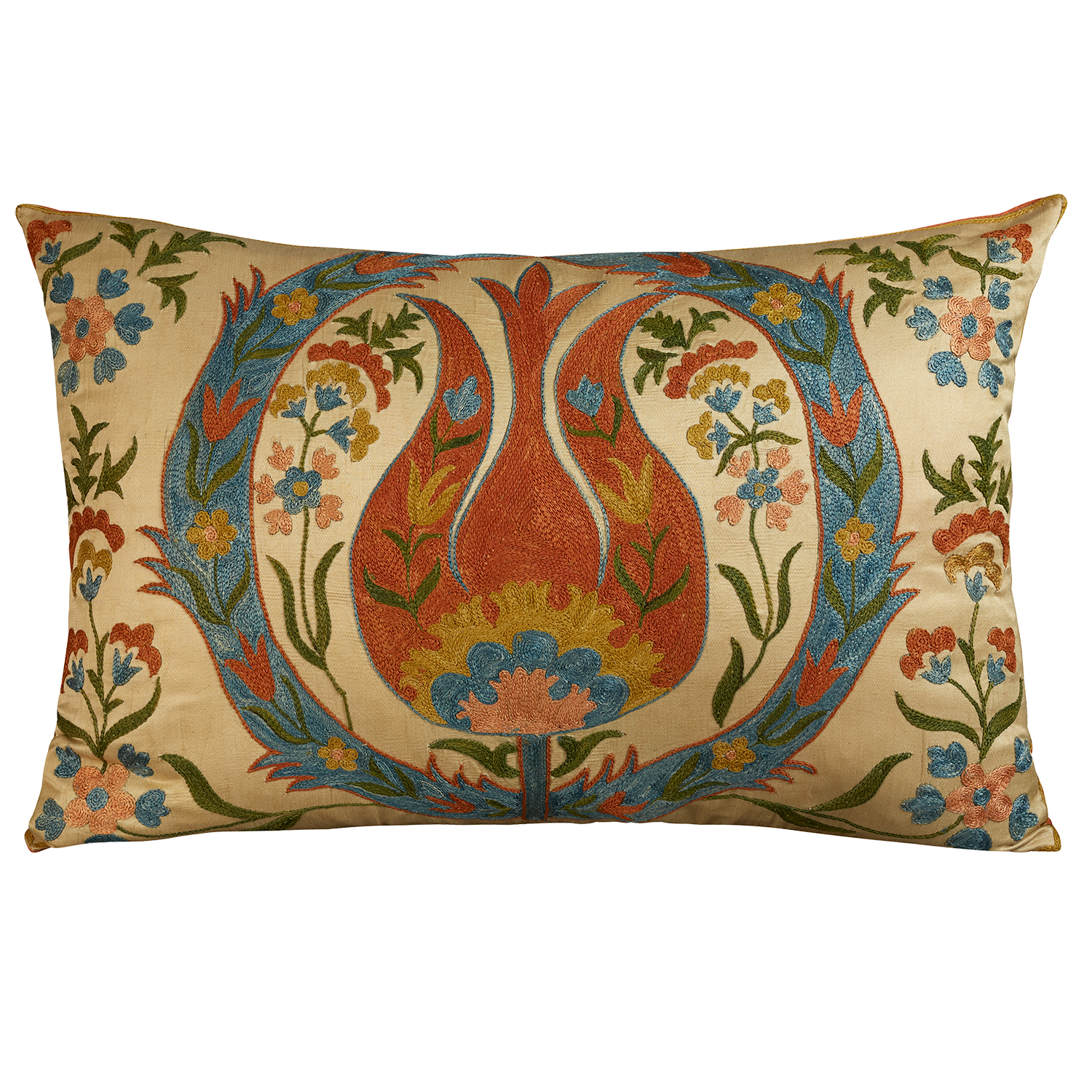 Rectangular Ottoman tulip design silk suzani embroidered cushion - pillow  in orange