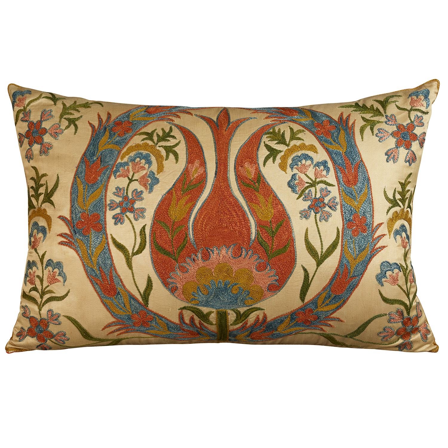 Rectangular Ottoman tulip design silk suzani embroidered cushion - pillow  in orange