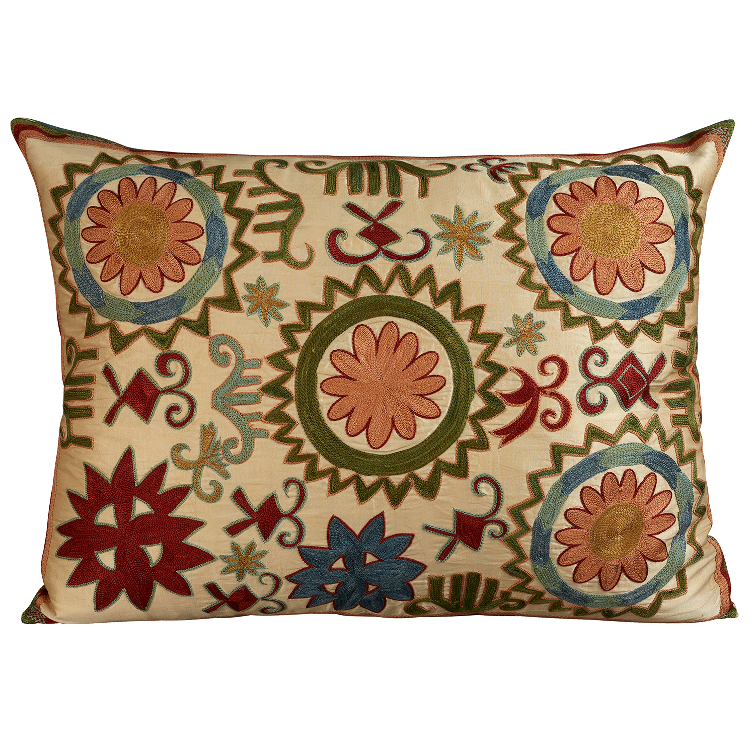 Rectangular silk suzani embroidered cushion - pillow with Caucasian motif