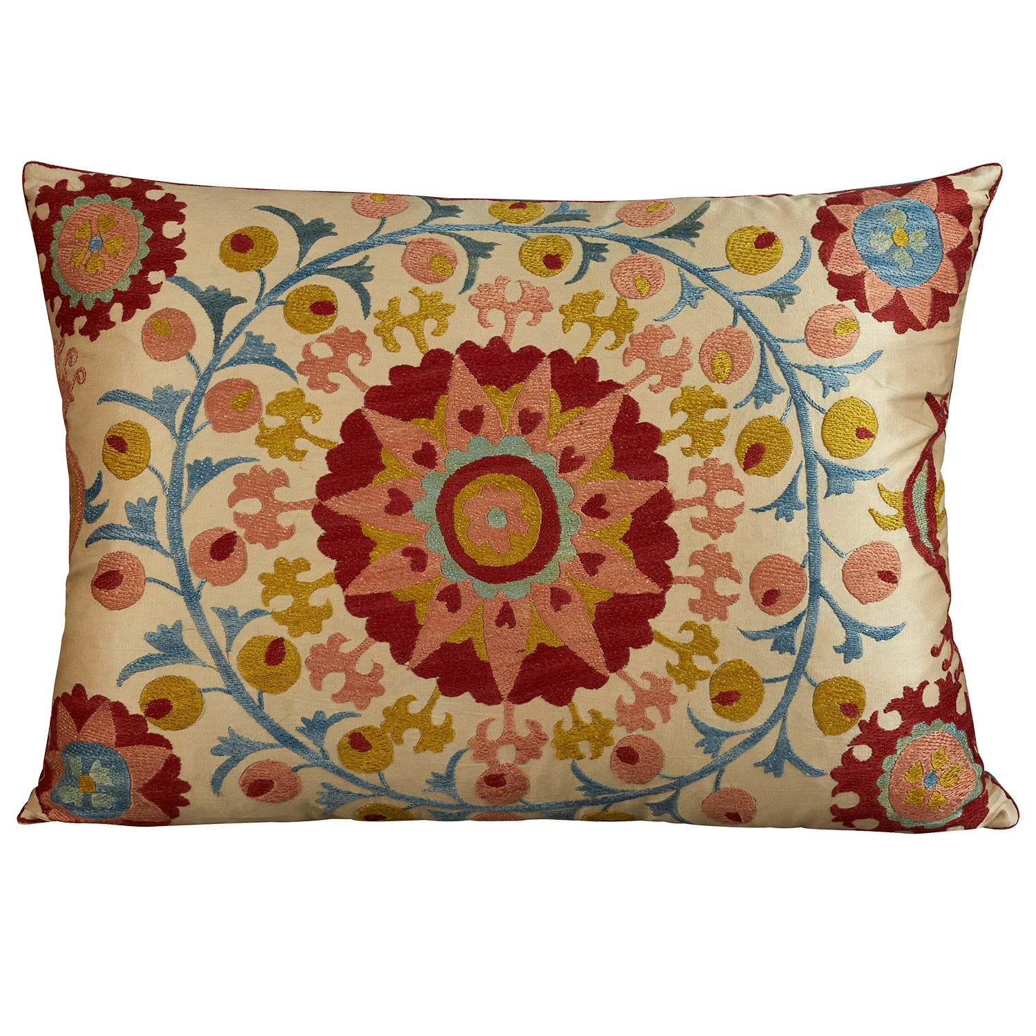 Rectangular silk suzani embroidered cushion - pillow with large floral motif