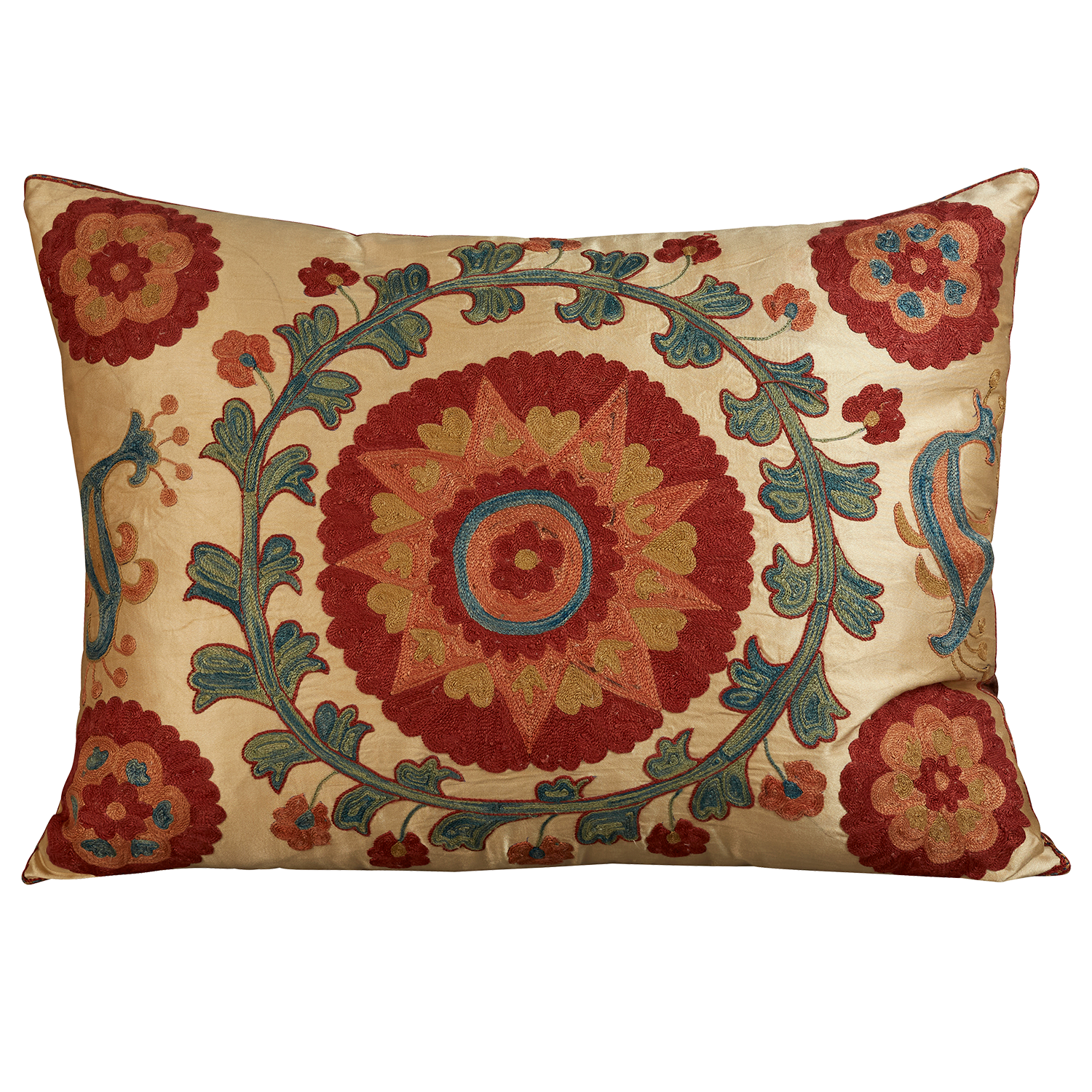 Rectangular silk suzani embroidered cushion - pillow with scrolling vine and floral motif