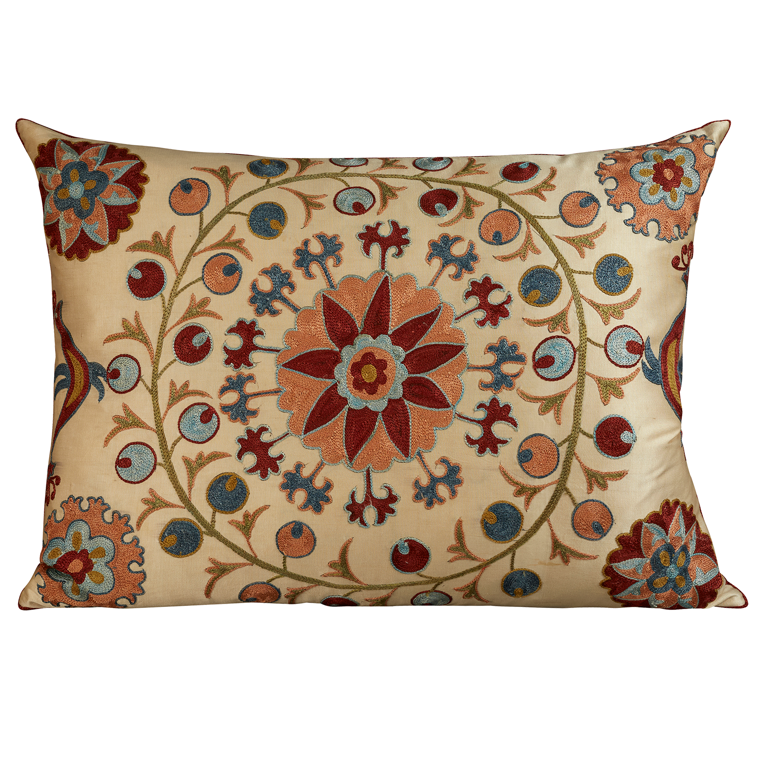 Rectangular silk suzani embroidered cushion - pillow with scrolling vine and floral motif and birds