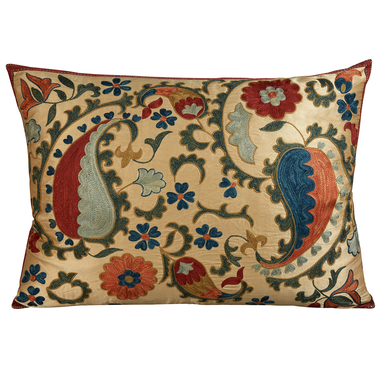 Rectangular silk suzani embroidered cushion - pillow with paisley motif