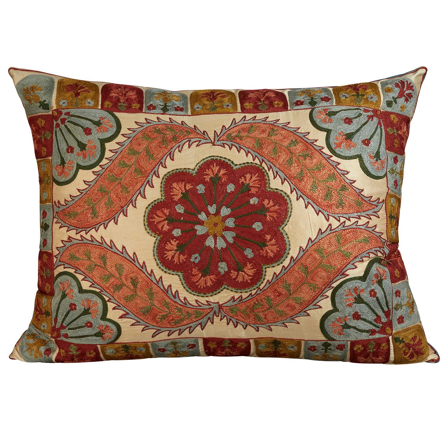 Rectangular silk suzani embroidered cushion - pillow with geometric floral design and scallop border