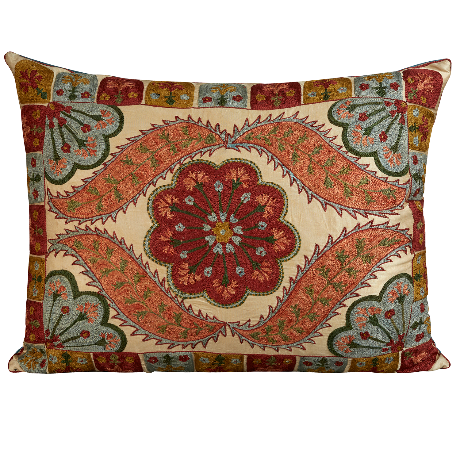 Rectangular silk suzani embroidered cushion - pillow with geometric floral design and scallop border