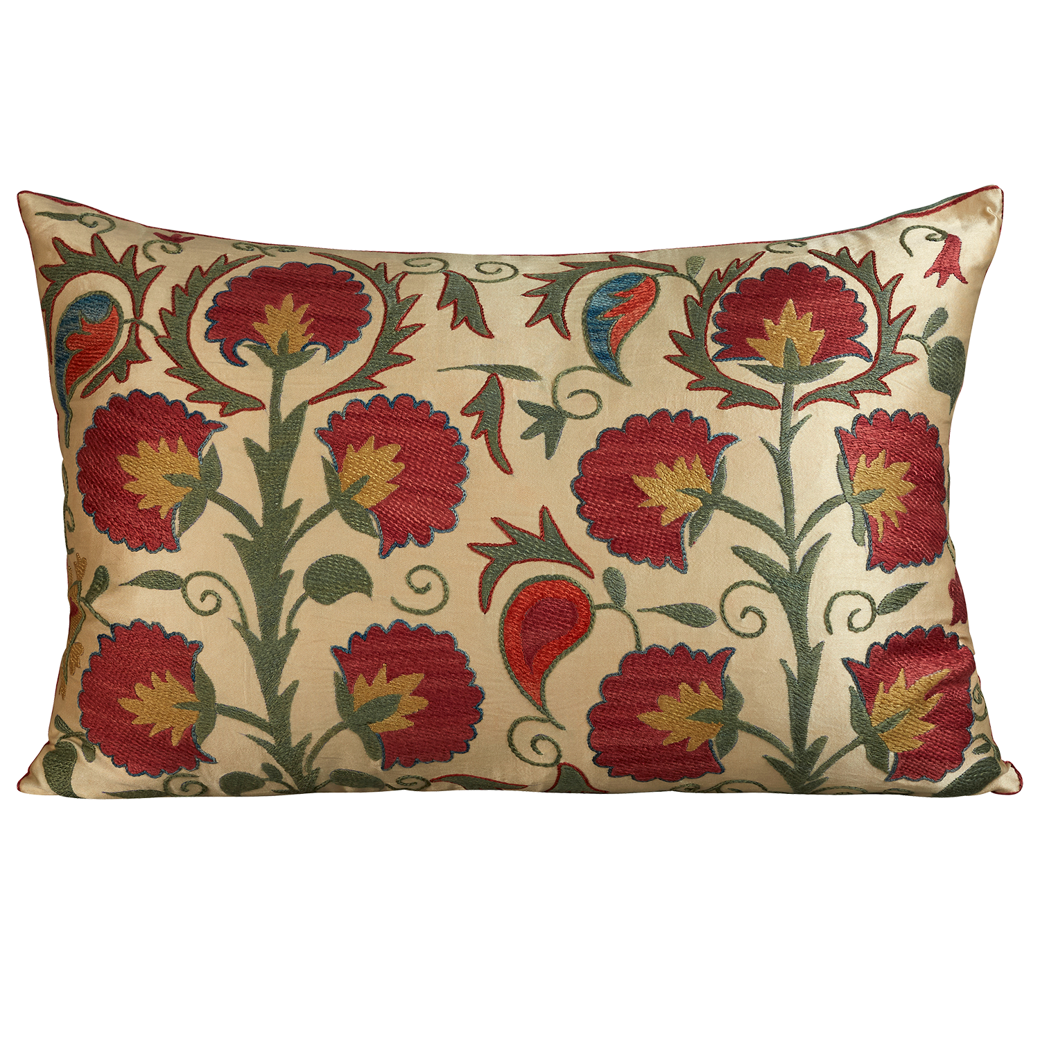 Rectangular silk suzani embroidered cushion - pillow with stylised carnation trees