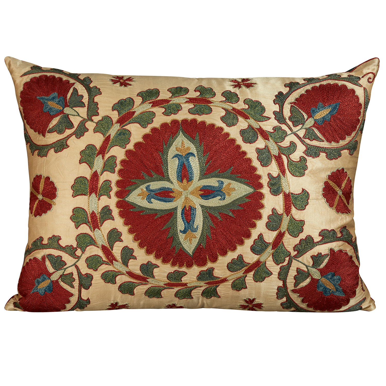 Rectangular silk suzani embroidered cushion - pillow with quatrefoil and carnation design