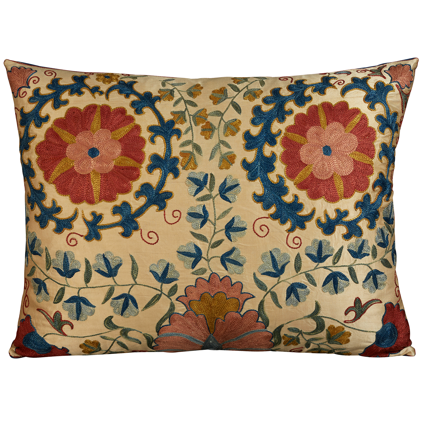 Rectangular silk suzani embroidered cushion - pillow with random scrolling floral design