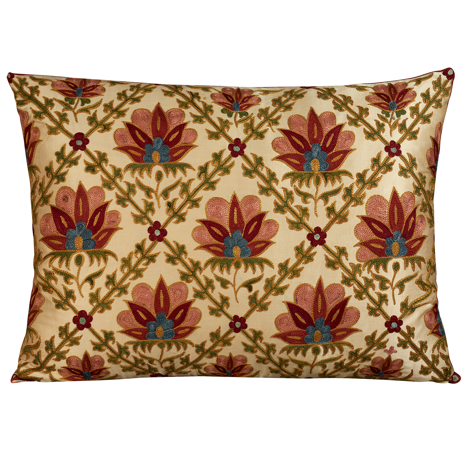 Rectangular silk suzani embroidered cushion with Persian flower and lattice design