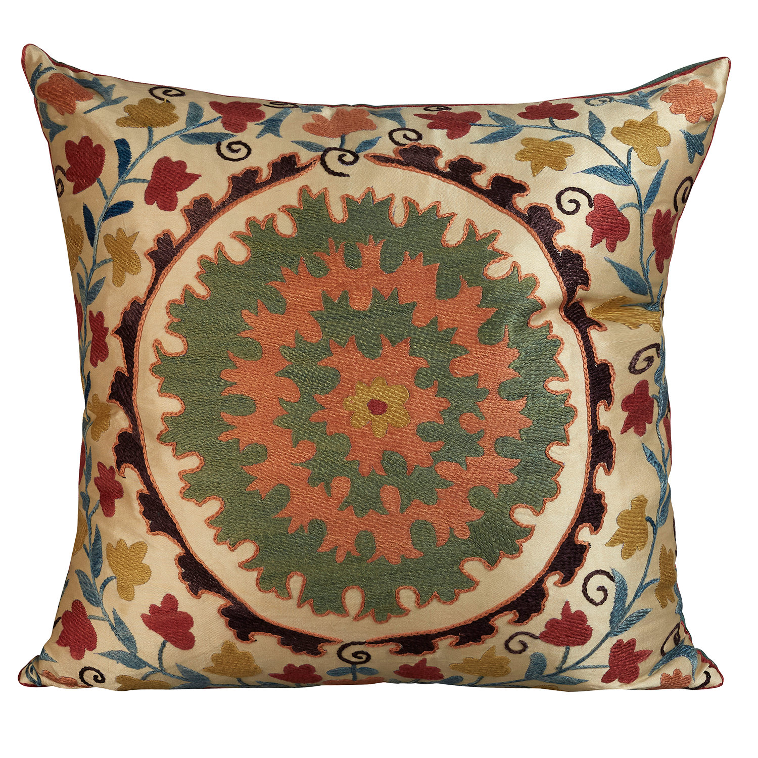 Square silk suzani embroidered cushion with pink and aqua green central motif