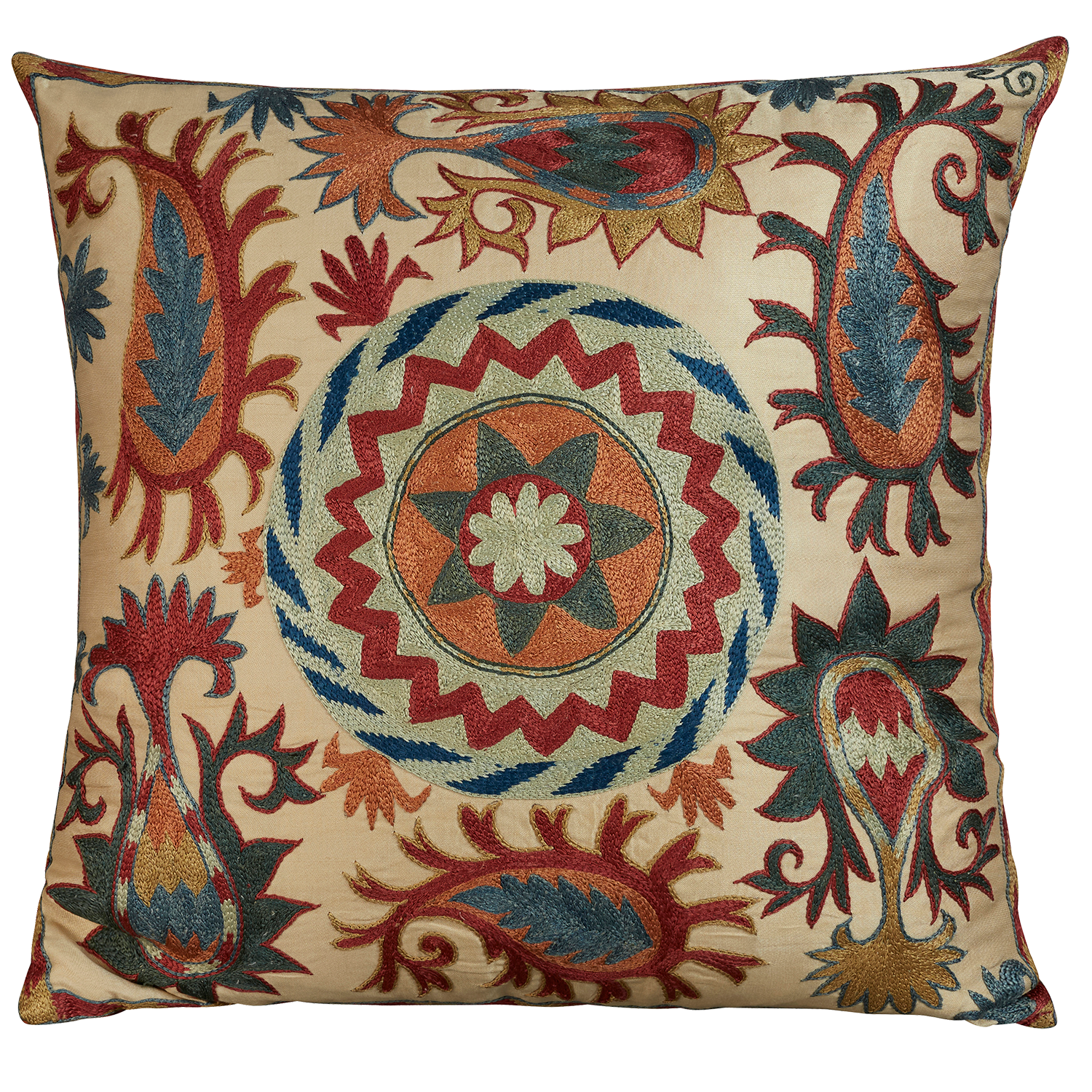 Square silk suzani embroidered cushion with Caucasian design and chevron border