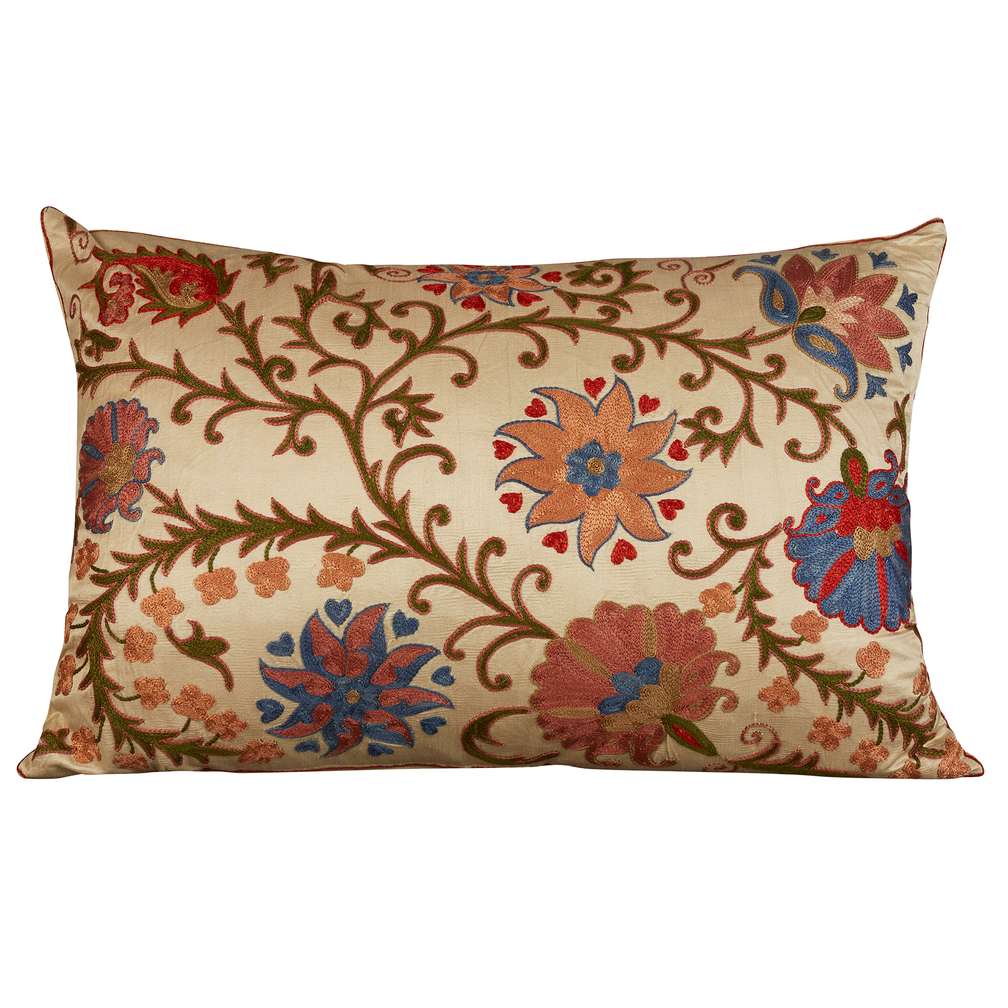 Rectangular silk suzani embroidered cushion - pillow with all over floral design