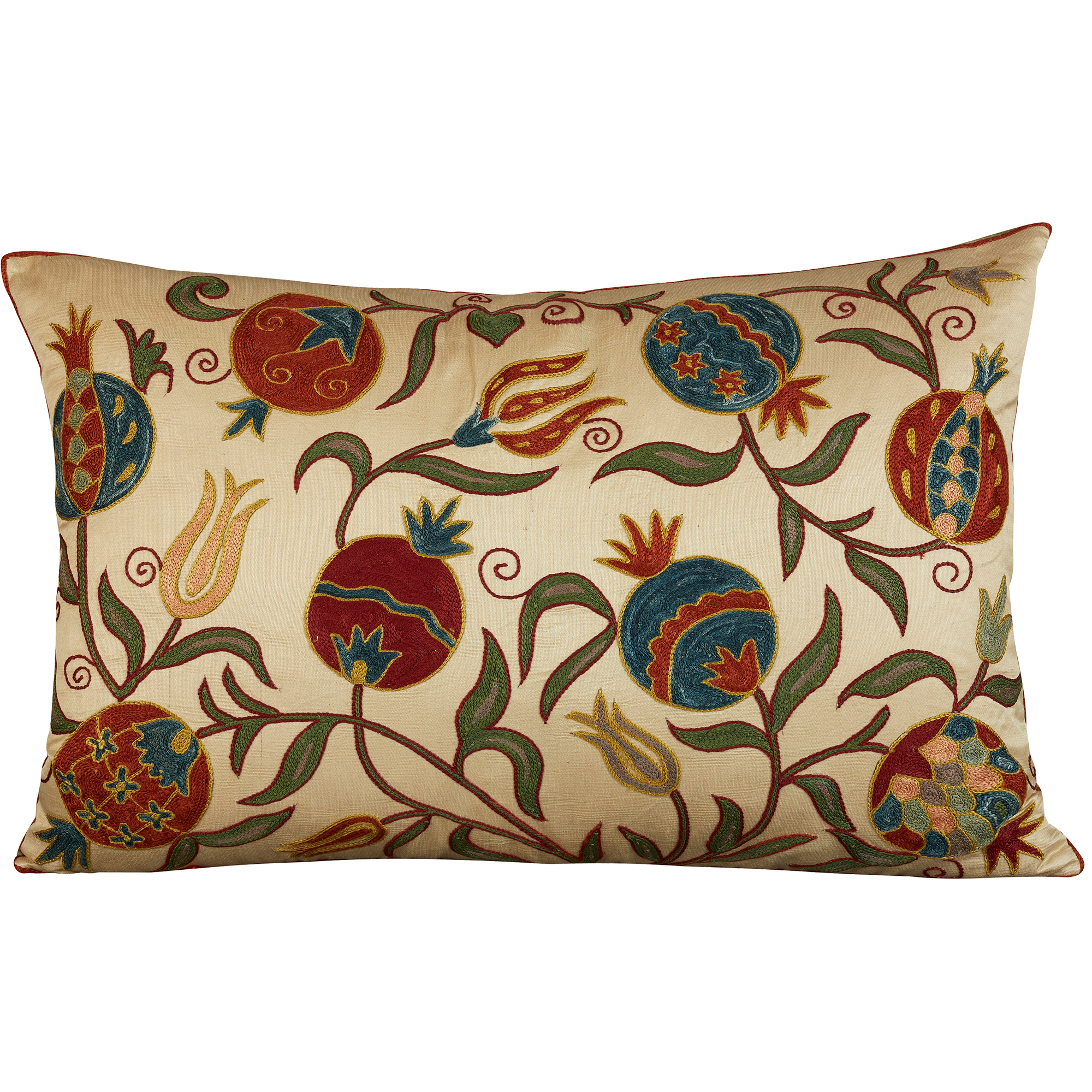 Rectangular silk suzani embroidered cushion - pillow with all over pomegranate design