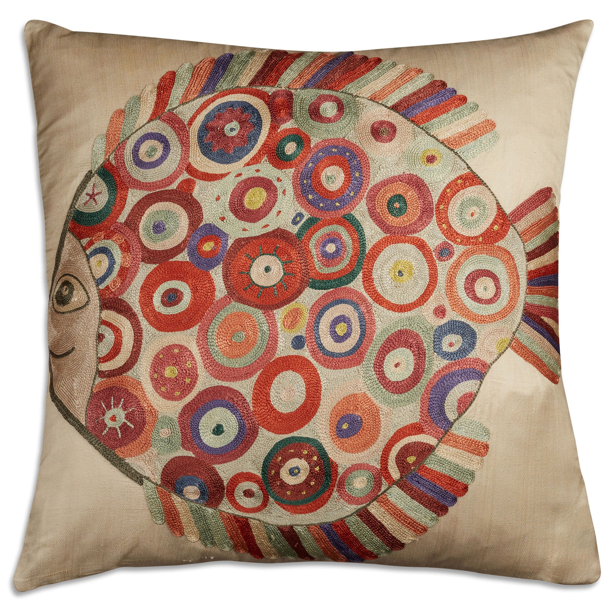 Square fish design silk Suzani embroidered cushion - pillow