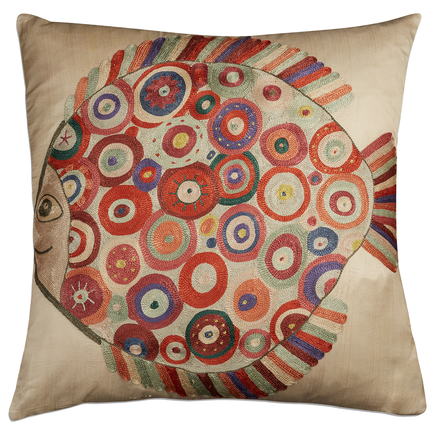 Square fish design silk Suzani embroidered cushion - pillow