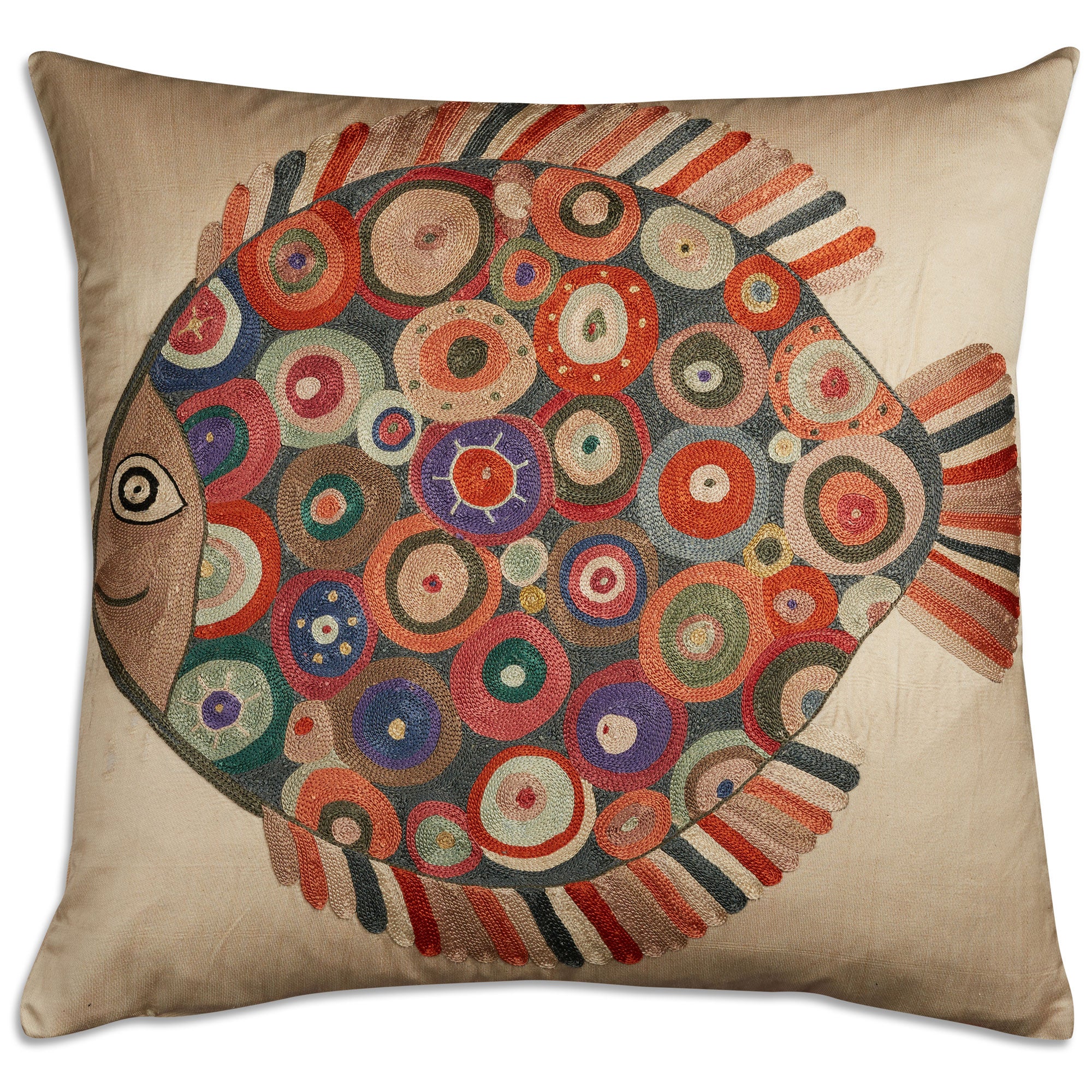 Square fish design silk Suzani embroidered cushion - pillow