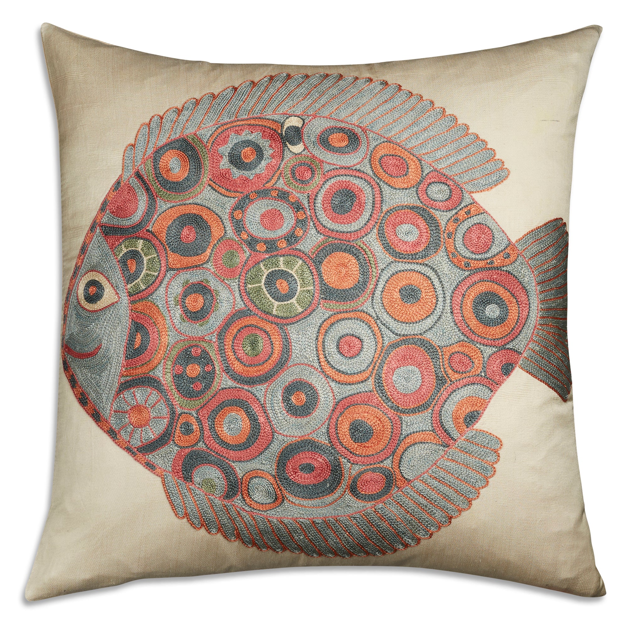 Square fish design silk Suzani embroidered cushion - pillow