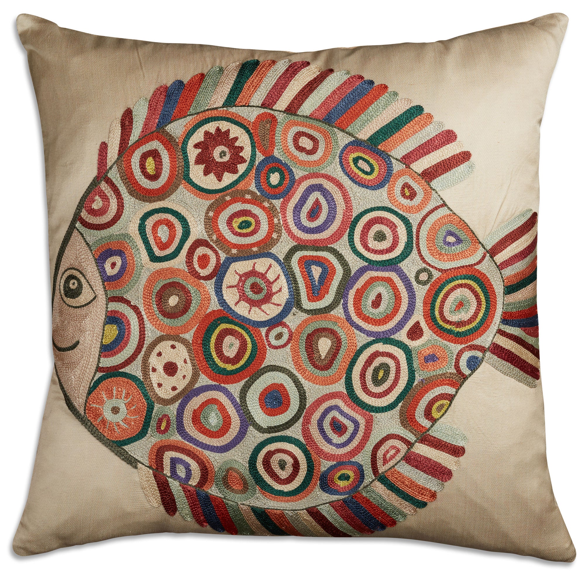 Square fish design silk Suzani embroidered cushion - pillow