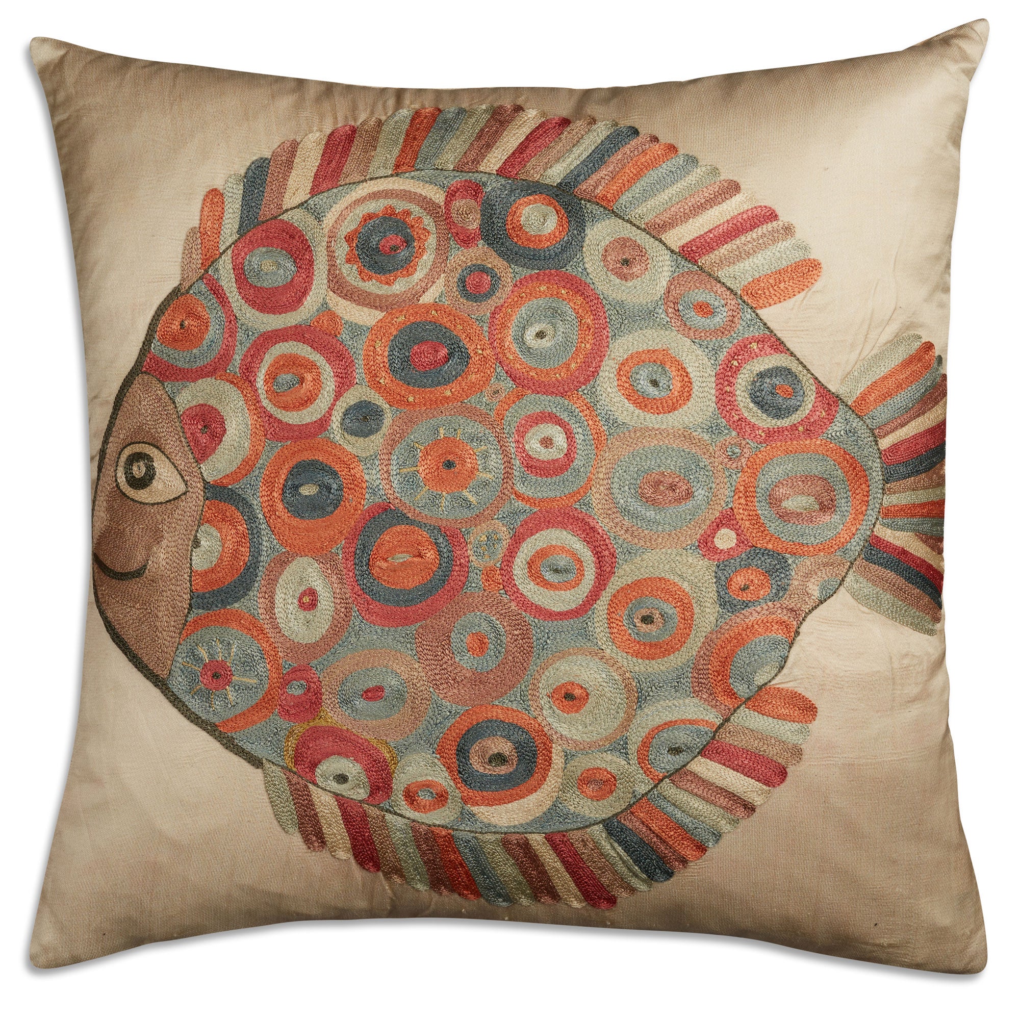 Square fish design silk Suzani embroidered cushion - pillow