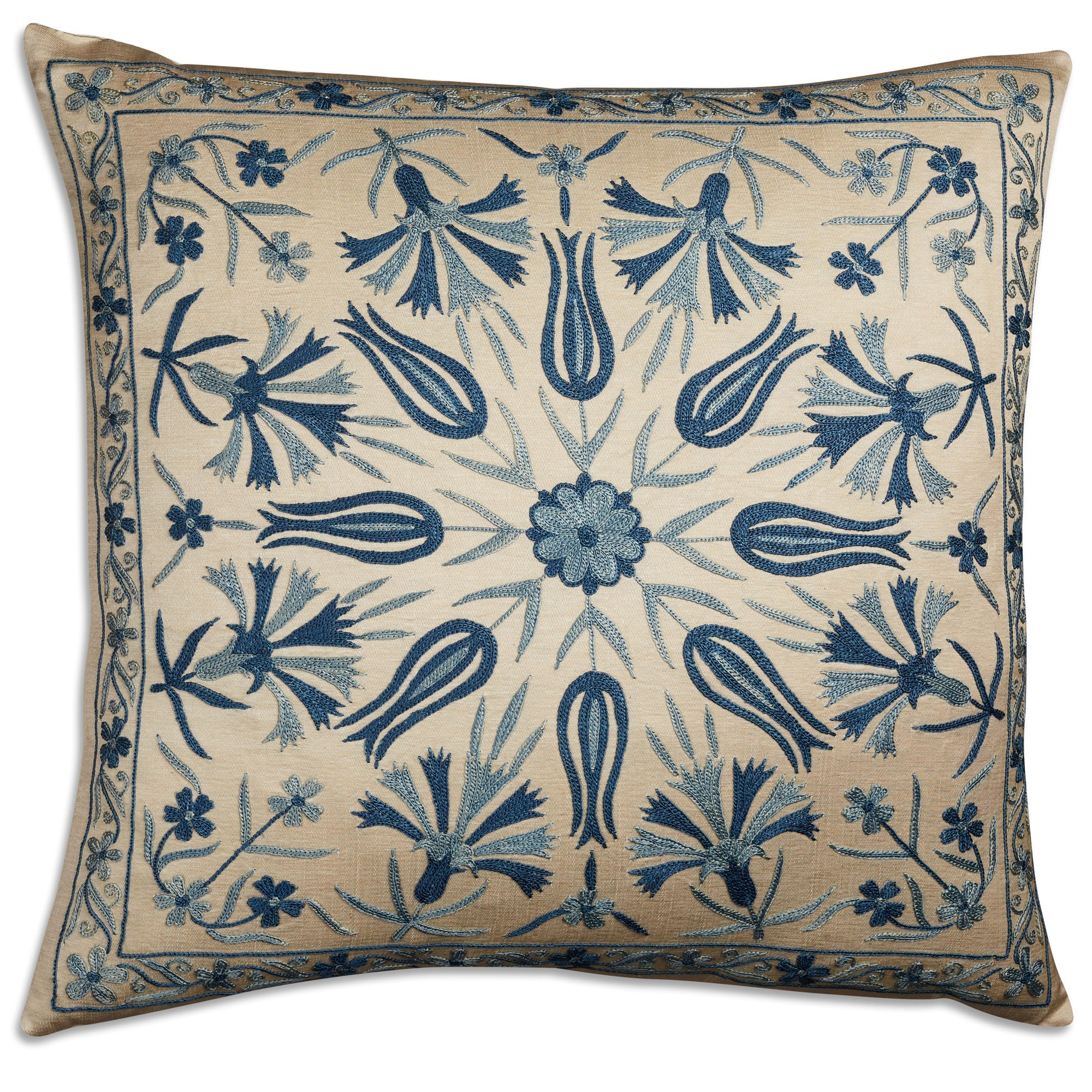 Blue square silk Suzani embroidered cushion