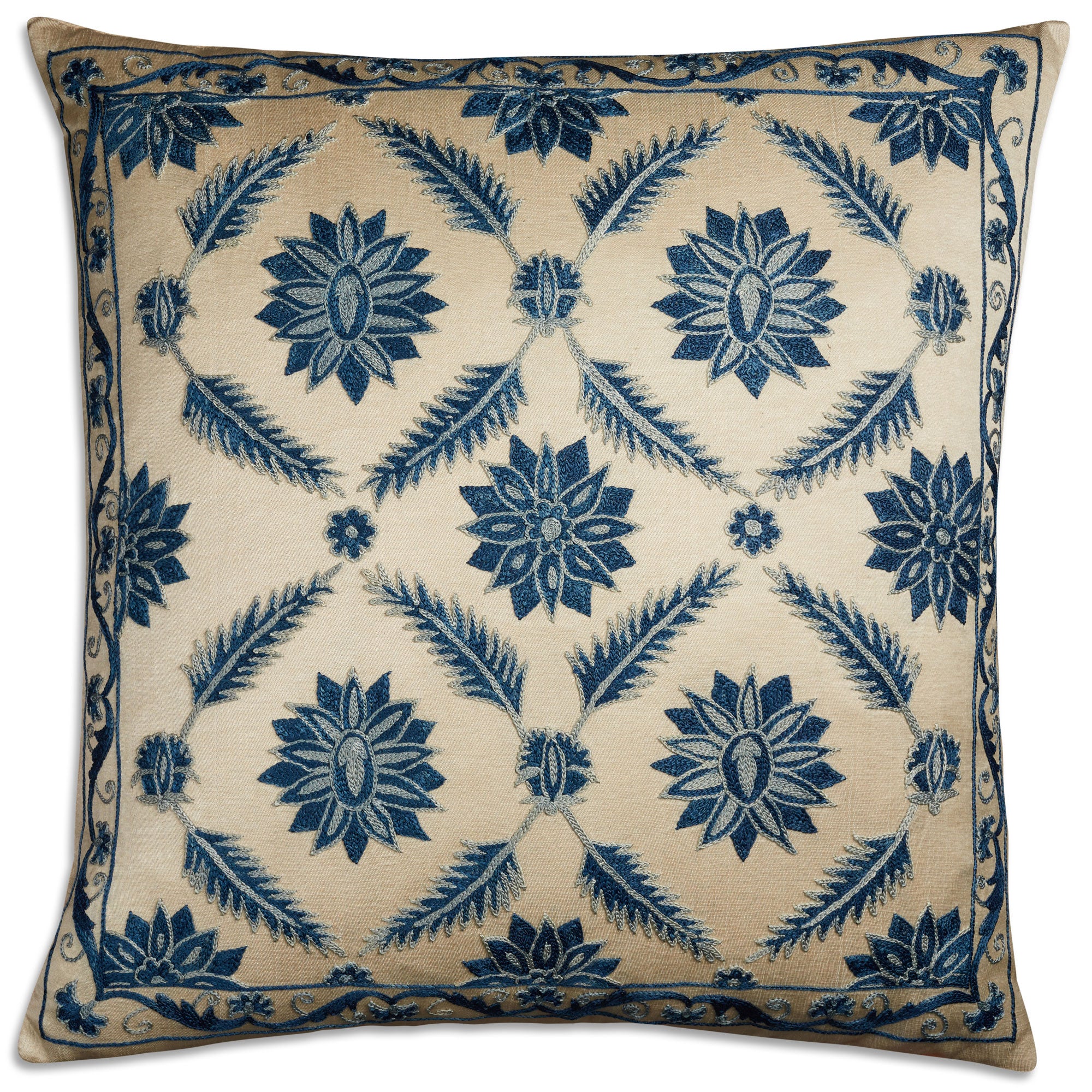 Blue square silk Suzani embroidered cushion - throw pillow