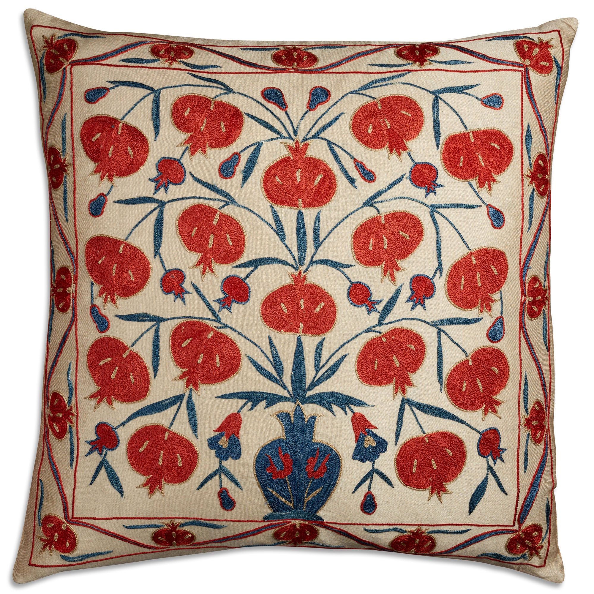 Pomegranate design square silk Suzani embroidered cushion - throw pillow