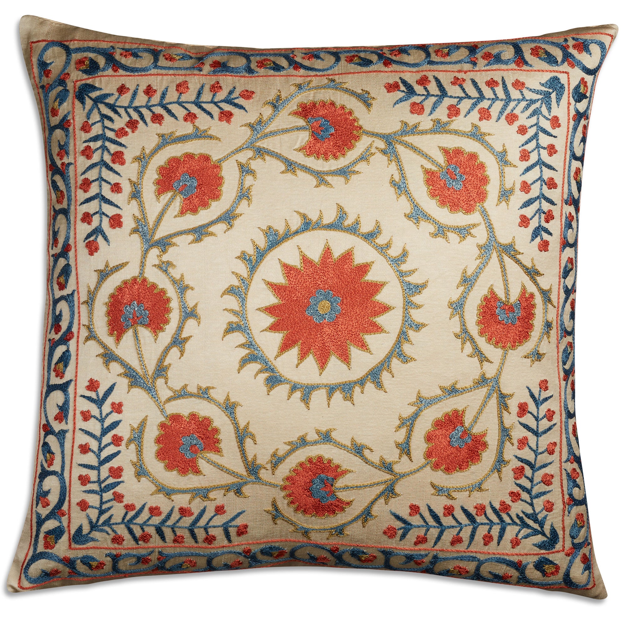 Floral design square silk Suzani embroidered cushion