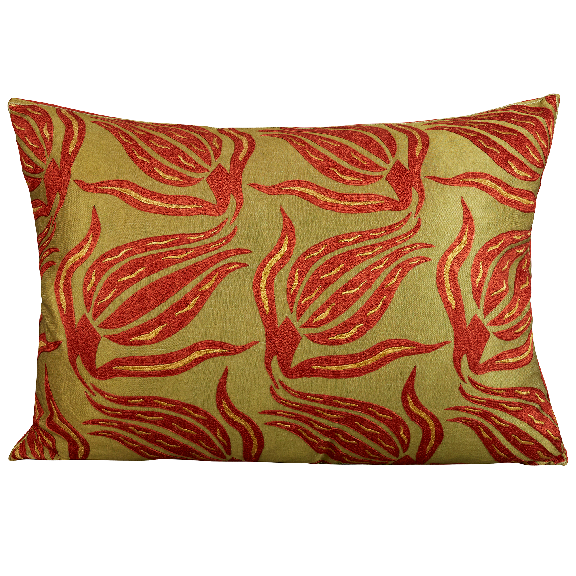 Rectangular floral silk suzani embroidered cushion -pillow with red tulip design on green ground