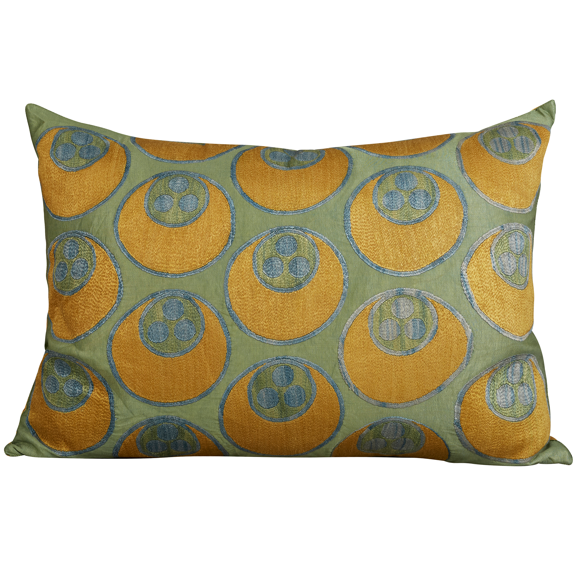 Rectangular silk suzani embroidered cushion - Cintamani design yellow on green