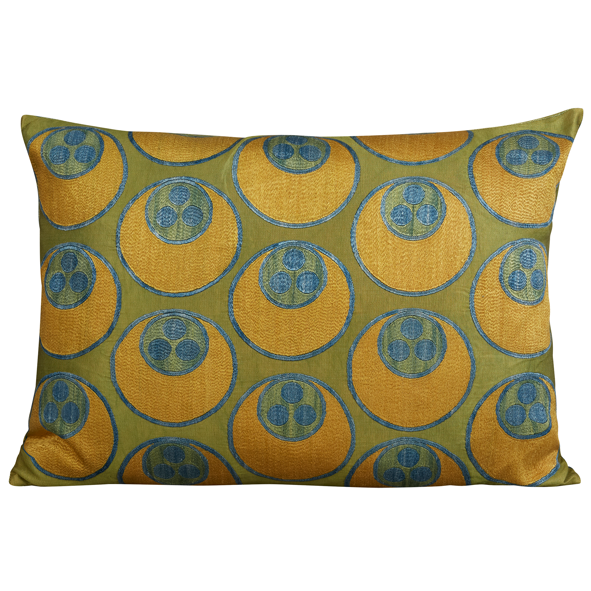 Rectangular silk suzani embroidered cushion - Cintamani design yellow on green and blue back