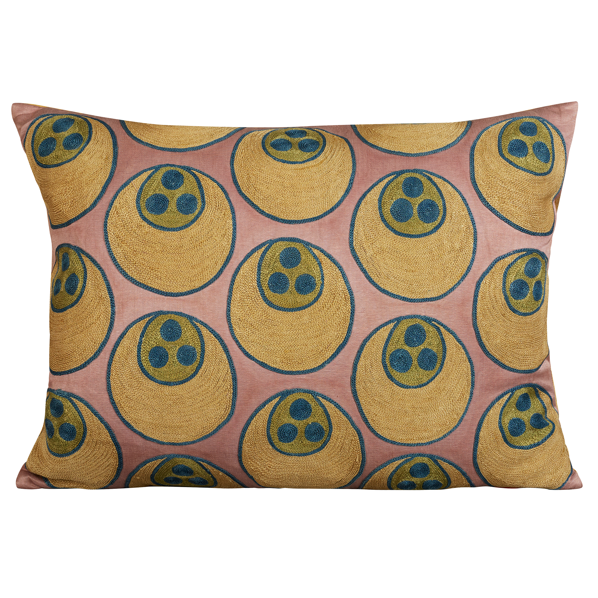 Rectangular silk suzani embroidered cushion - Cintamani design yellow on lilac