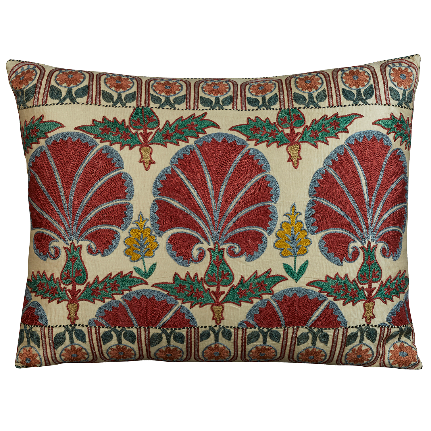 Rectangular silk suzani embroidered cushion - pillow with large scale carnation design