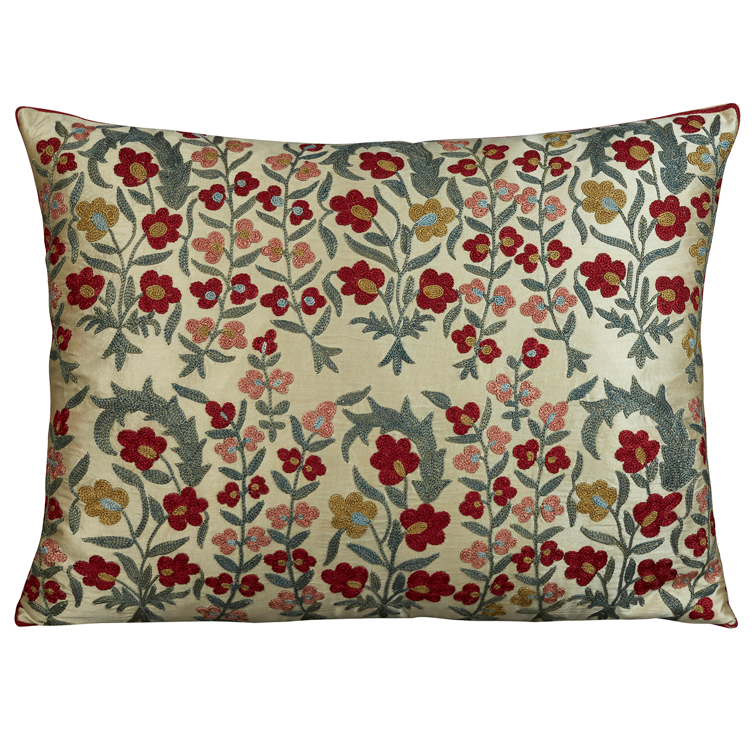 Rectangular silk suzani embroidered cushion - pillow with trailing floral design