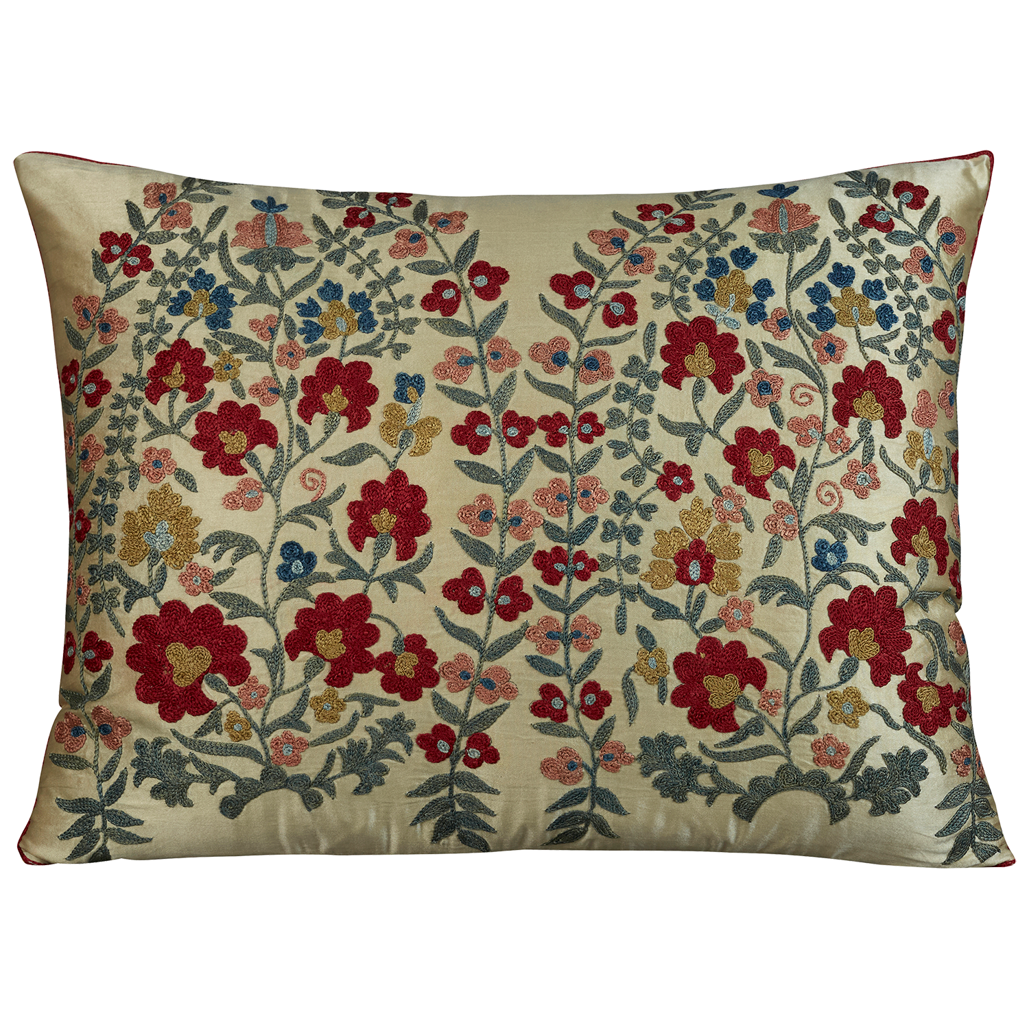 Rectangular silk suzani embroidered cushion - pillow with large scale trailing floral design